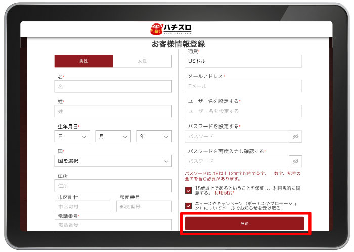 オンラインカジノ ハチスロカジノ 登録方法 入力画面